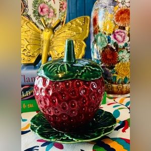 Vintage strawberry jam/sauce jar with plate